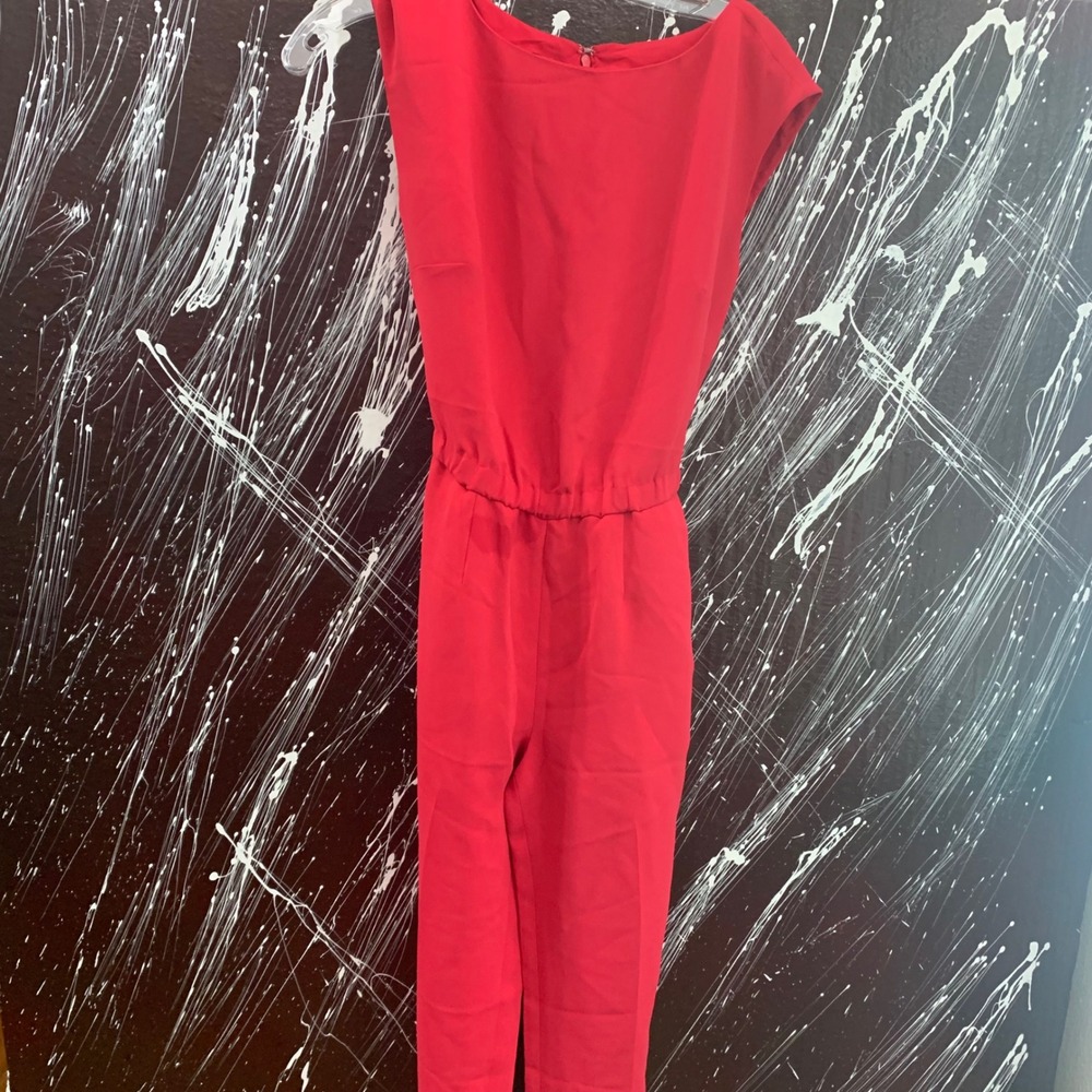 Talbots Petites Red Sleeveless Belted Jumpsuit 2P Boat Neck Crepe 41877770
